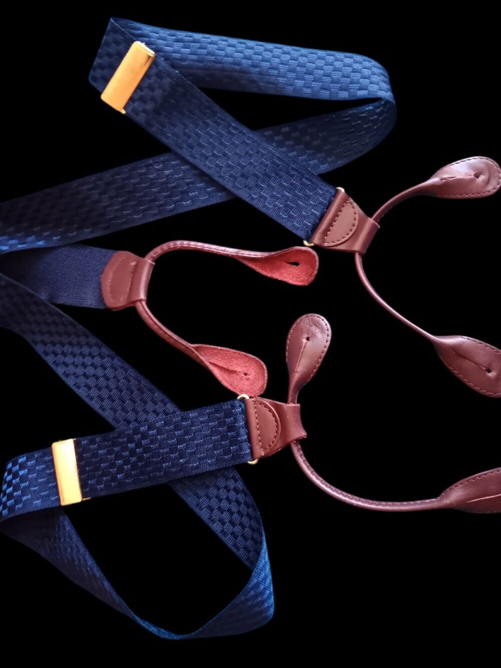 Vintage Blue Checkered Suspenders Pelican Leather Tog Loops Gold-Tone Clips